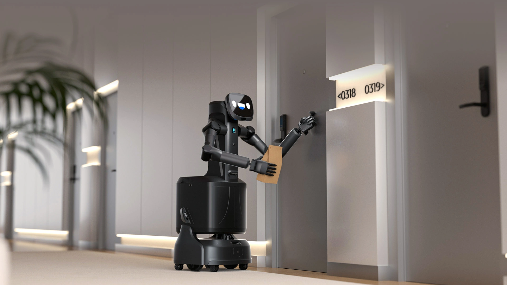 FlashBot Arm bedient eine Tür in einem Hotel