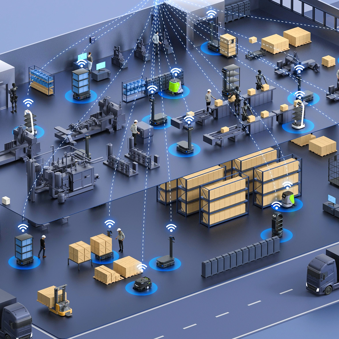 Vernetzte Roboter und Logistiksysteme in einer Lagerhalle